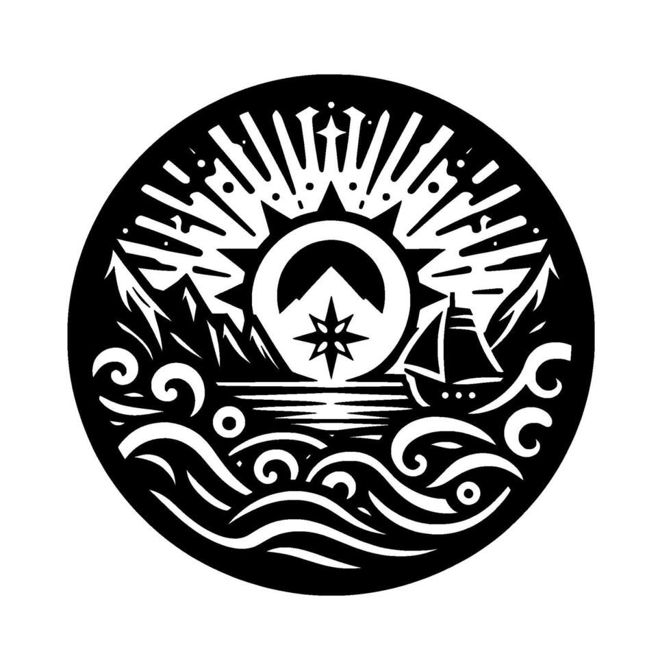 art of a serene coastal scene within a circle sailing ship, mountains, sun, sea and compass star, monochrome style. vector