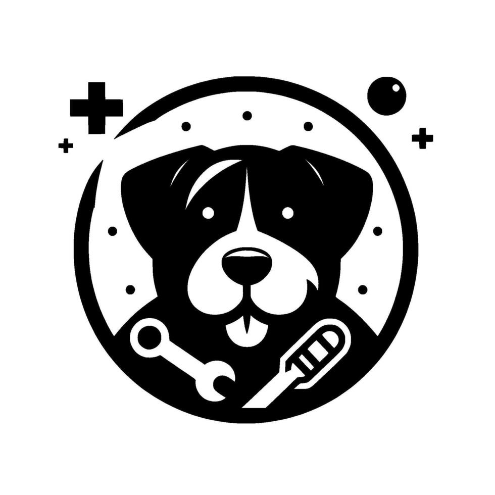 A Friendly Black and White Dog with Mechanic Tools Inside a Circle with Plus Signs and Dots, Illustrating Pet Care or Repair. vector