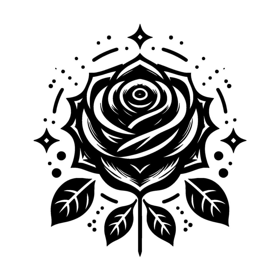 Intricate black and white illustration of a stylized rose with leaves, geometric accents, and celestial elements on a clean white background. vector