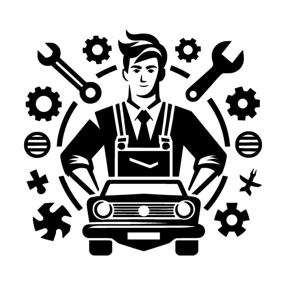 of a mechanic standing in front of a car, surrounded by tools like wrenches and gears, with a classic, minimalist style. vector