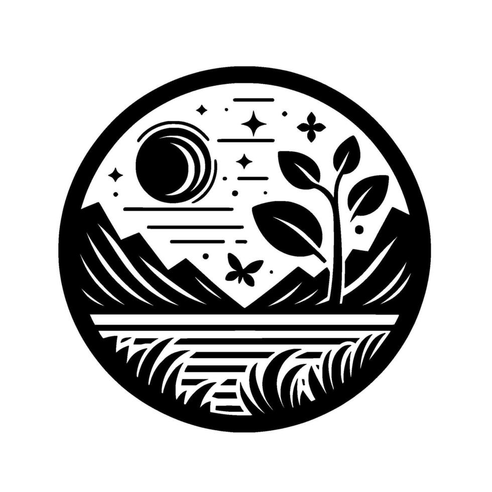 Black and White NatureInspired Emblem Mountains, Moon, Stars, Plant, Butterfly, and Water in a Circular Frame. vector