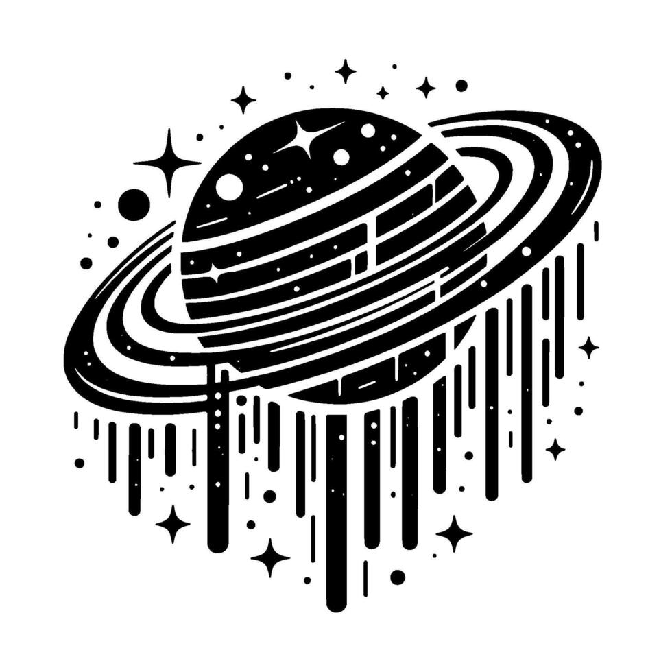 Stylized Black and White Illustration of Saturn with Rings, Dotted Stars, and Dripping Lines on White Background. vector
