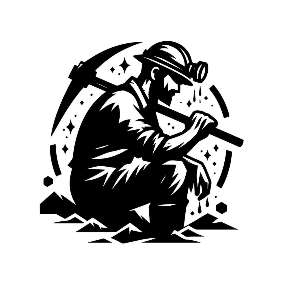 Black and White Illustration of a Crouching Miner with a Pickaxe, Hard Hat, and Headlamp Surrounded by a Circular with Stars vector