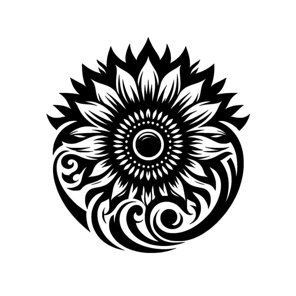 Detailed black and white circular sunflower with tribalinspired, symmetrical and layered petal structure. vector