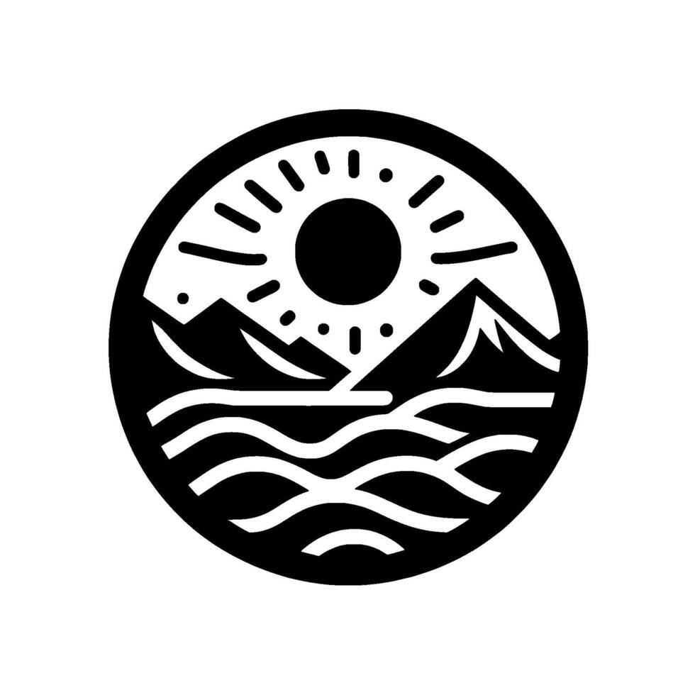 Monochromatic circular featuring a sun, mountains, and water, evoking a sense of nature, outdoors, and minimalist beauty. vector