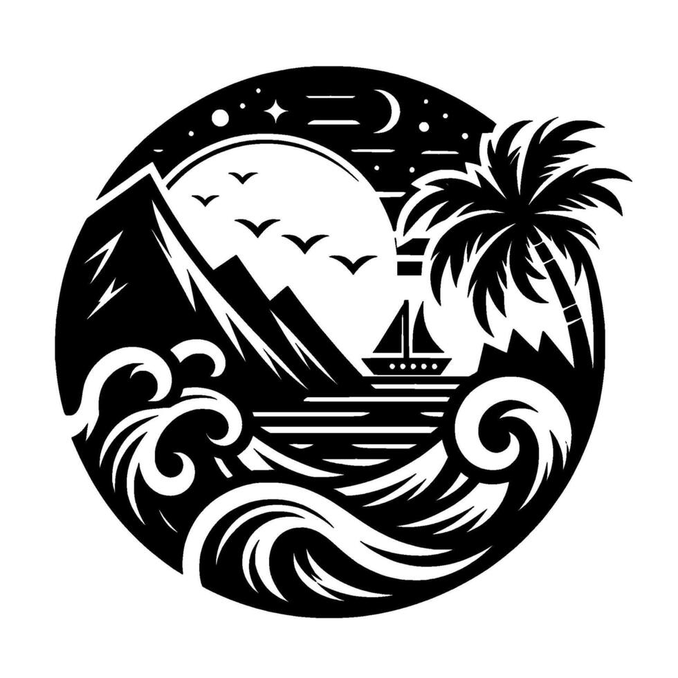 A serene, black and white circular artwork depicting a tropical island scene at night with a sailboat, moon, palm tree, mountains, waves and birds. vector