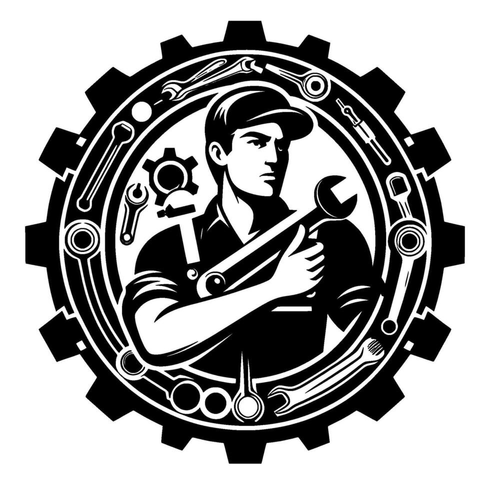 Mechanic holding a wrench encircled by tools within a gear, embodying reliability in a bold, black and white . vector