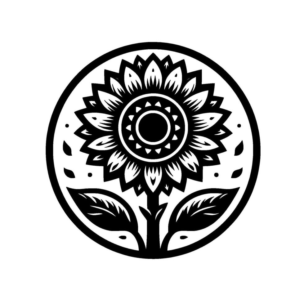 Artistic Black and White Sunflower in Circular Frame with Petals, Leaves, and Detailed Centre, Isolated on White Background vector