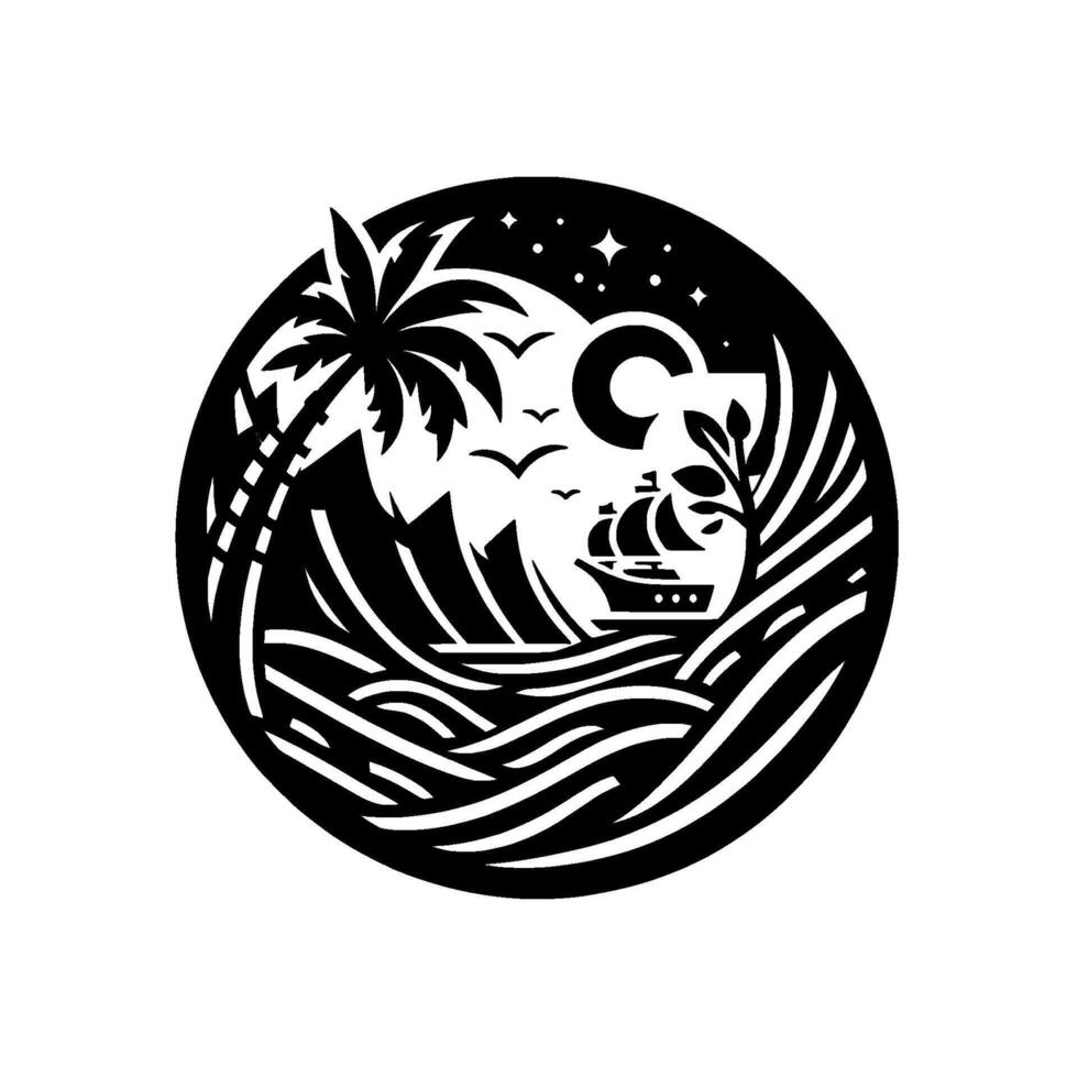Nautical Paper Cut Illustration Black and White Circular Composition featuring a Sailing Ship, Palm Tree, Mountains, Crescent Moon, Birds, and Starry Night Sky, evoking a sense of adventure and journ vector
