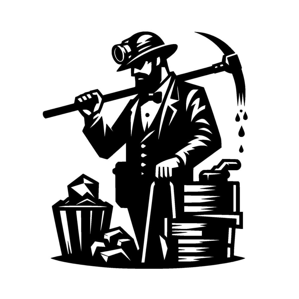 Stylized Black and White Illustration of a Dignified Miner in Suit Holding a Pickaxe, Coal, and Supplies. vector