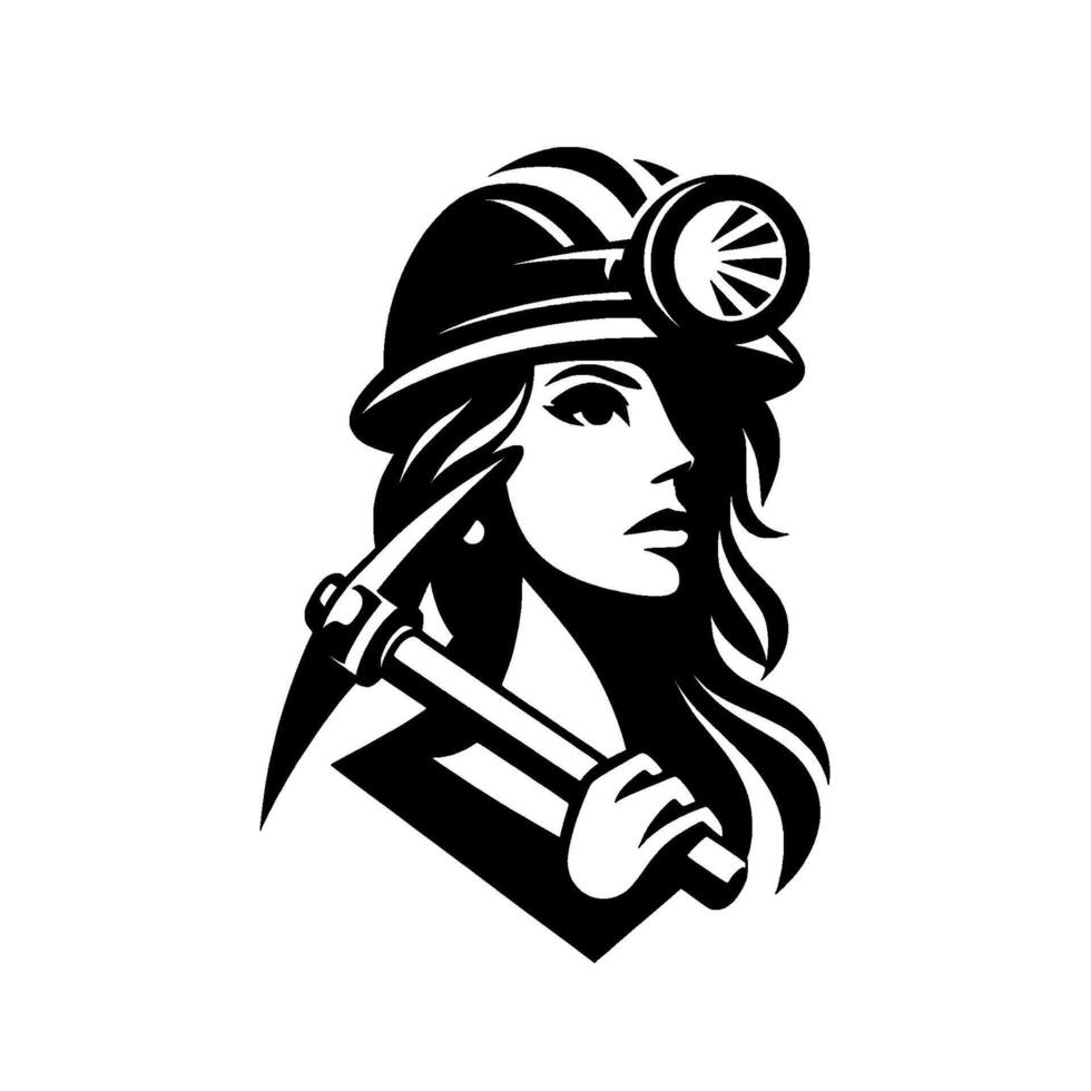 Strong, Silhouetted Female Miner with Helmet, Headlamp, and Pickaxe, Posing with Determined Expression in BW. vector