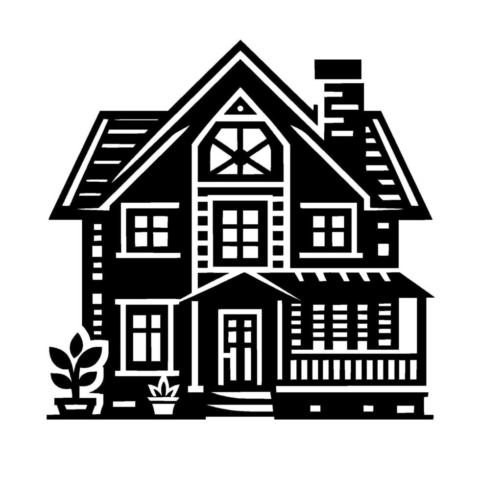 Bold Black and White Silhouette of a Classic TwoStory House with a Porch, Chimney, and Potted Plants. vector