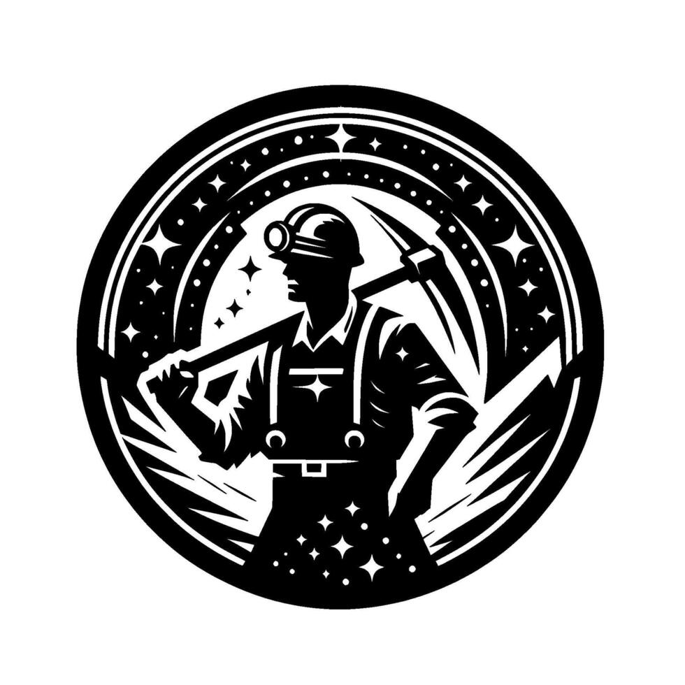 Silhouette of a Miner with a Pickaxe, Circular Emblem, Starry Background, Black and White vector