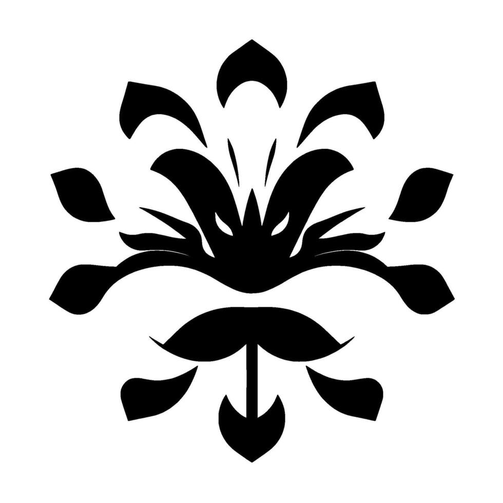 Symmetrical black floralinspired with implied eyes and stylized foliage, rendered in a bold, minimalist aesthetic against a stark white background. vector