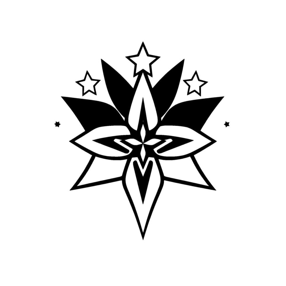 A symmetrical black and white floral emblem with star accents, evoking elegance and celestial themes. vector