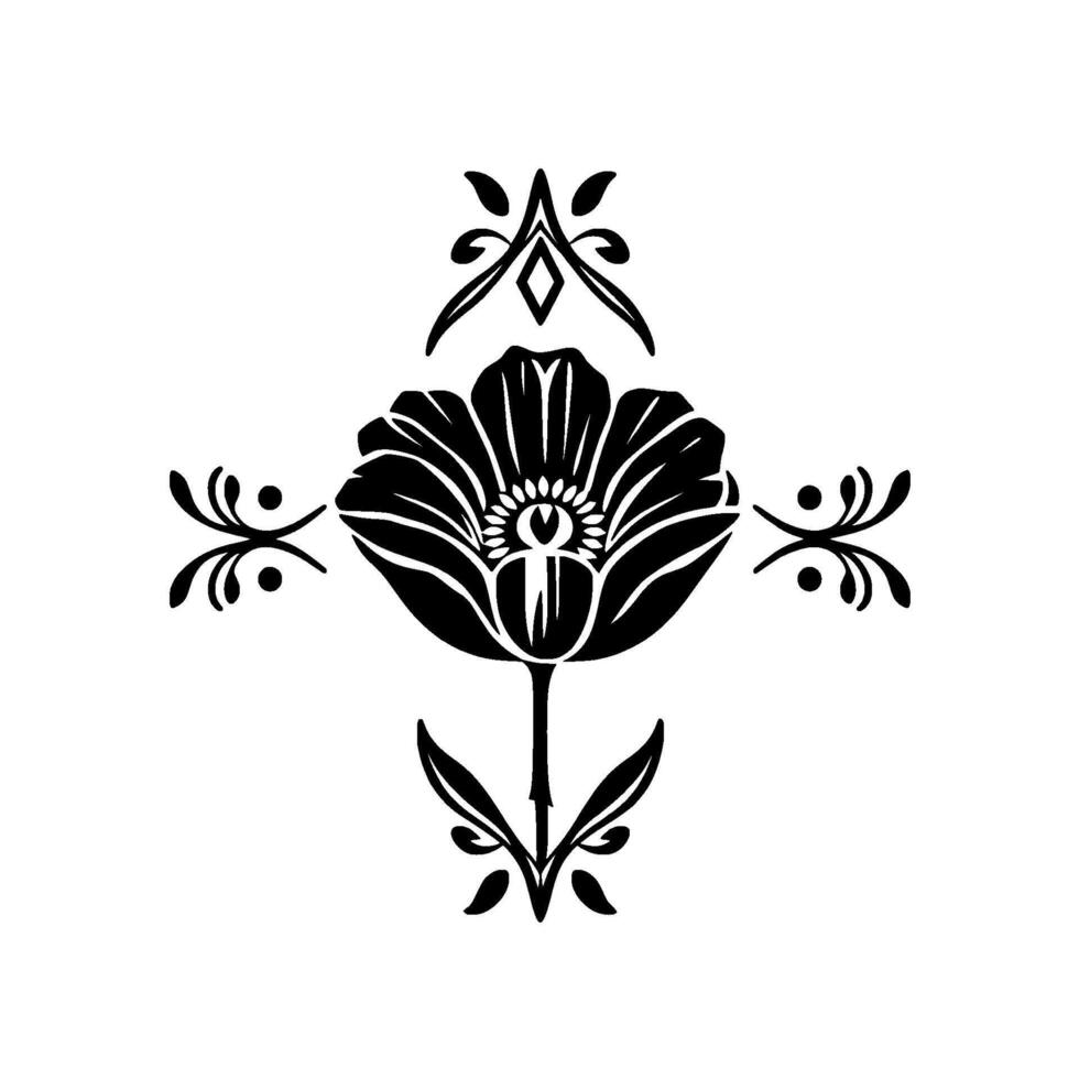Symmetrical Black Floral with Stylized Petals, Stem, and Decorative Elements Against a White Backdrop. vector