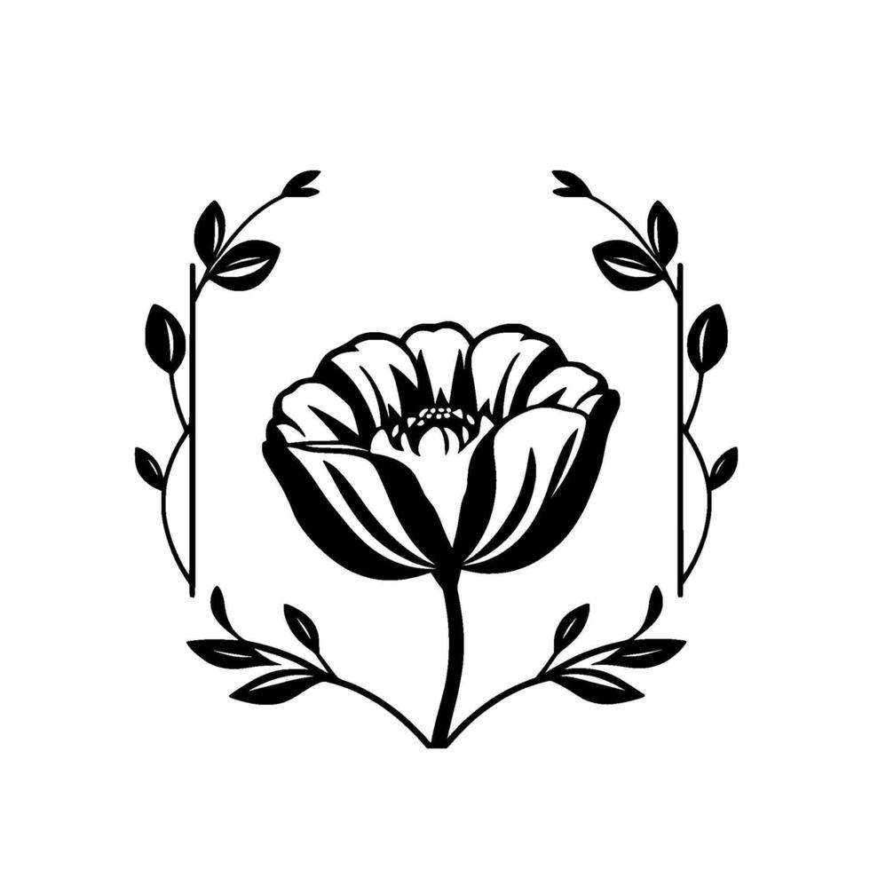 Elegant Black and White Floral Illustration A stylized poppy blossom encircled by a botanical leafy frame, evoking simplicity and natural beauty. vector