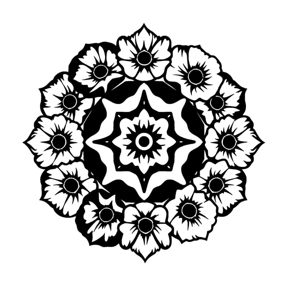 Symmetrical Black and White Floral Mandala with Detailed Petals and Central Geometric Starlike Pattern on White Background. vector