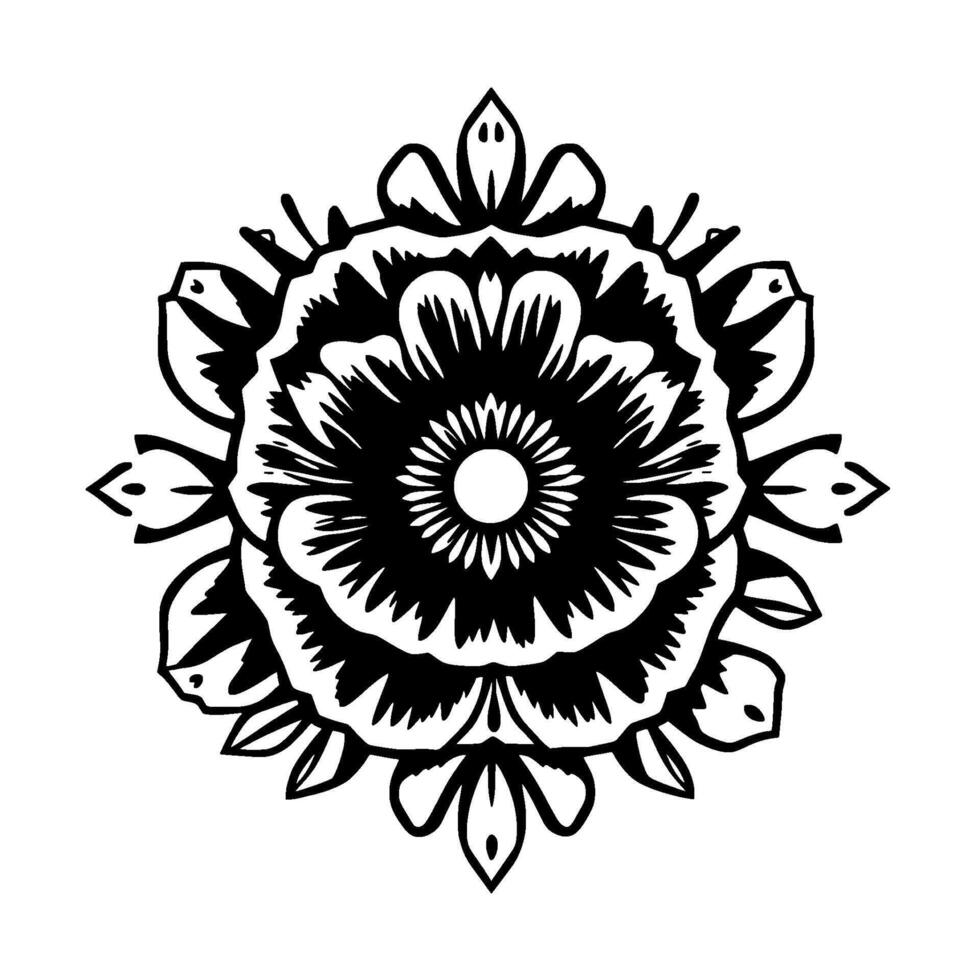Intricate black and white floral mandala , symmetrical and detailed, a perfect pattern for various applications, like tattoo designs. vector