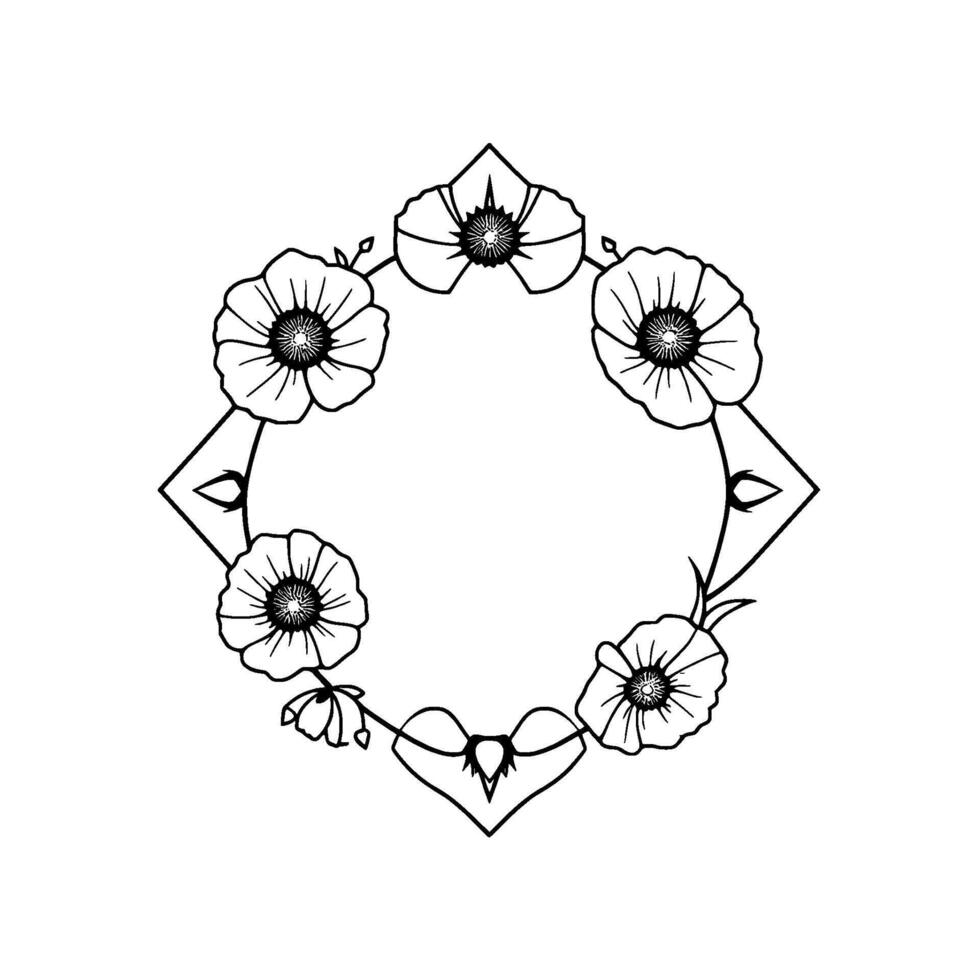 Elegant Black and White Floral Wreath with Poppylike Flowers, symmetrical , Diamond Shape Accents. vector