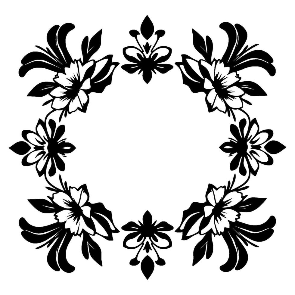 Ornate Circular Floral Wreath in Monochrome Black and White with Stylized Flowers and Leafy Elements on White Background. vector