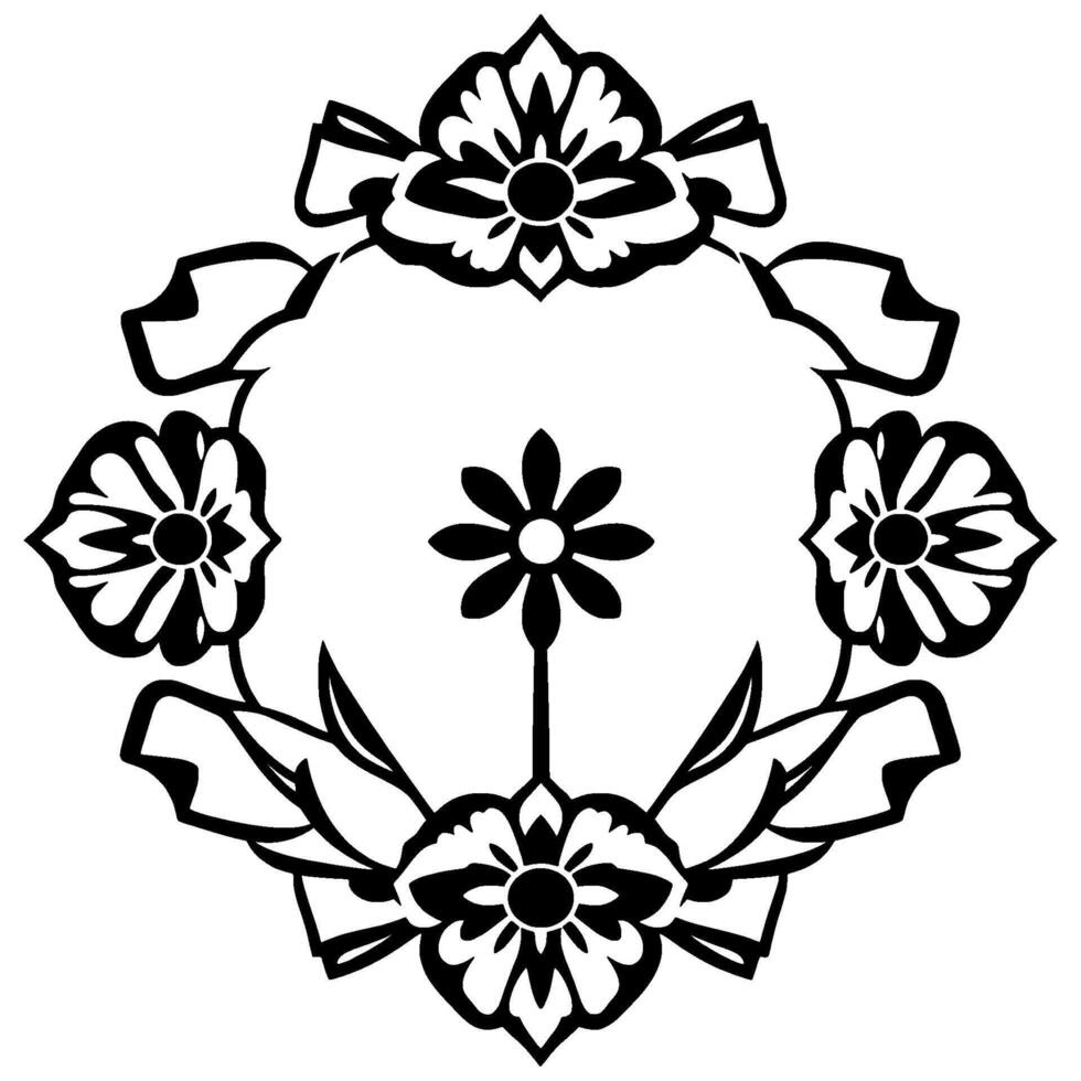 Circular Floral Arrangement A symmetrical, stylized black and white illustration featuring four ornate flower heads and a central daisy, framed by leaves. vector