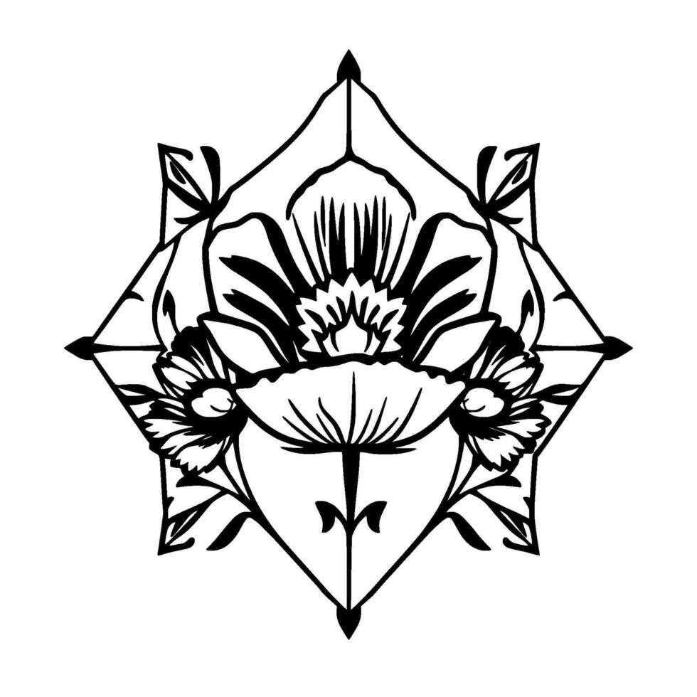 Intricate symmetrical floral mandala, black and white illustration, detailed with pointed diamondlike frame. vector