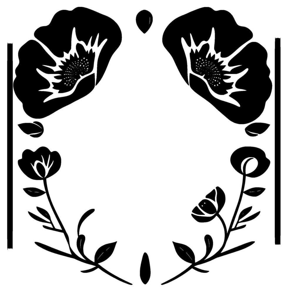 Symmetrical Black and White Floral Arrangement Bold with Poppies, Roses, Leaves Organic Shapes, Geometric Border. vector