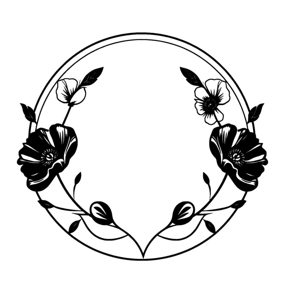 Elegant black and white floral wreath illustration, featuring stylized poppy flowers and decorative leaves arranged within a circular frame. vector