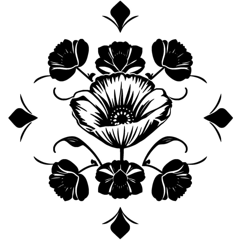 Symmetrical Black and White Floral Pattern with PoppyLike Flowers in a Decorative, Artistic Arrangement. vector