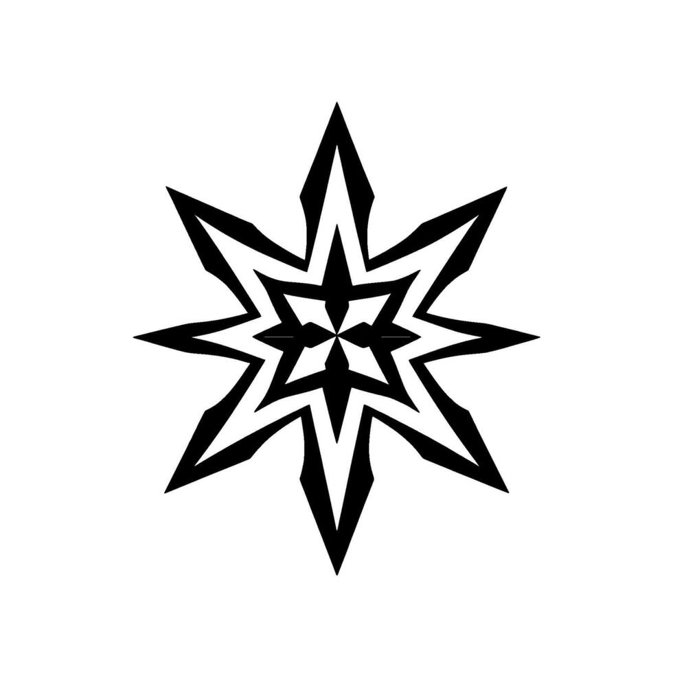 A symmetrical, black and white, eightpointed star , with layered geometric patterns and sharp, modern edges, radiating outwards on a white background. vector
