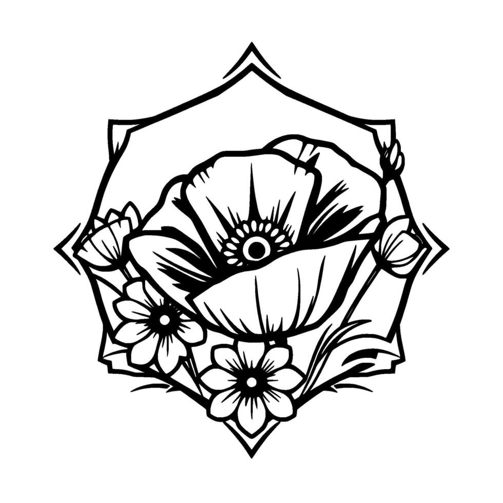 Black and white floral mandala featuring a large poppy surrounded by smaller flowers within an ornate, geometric frame. vector