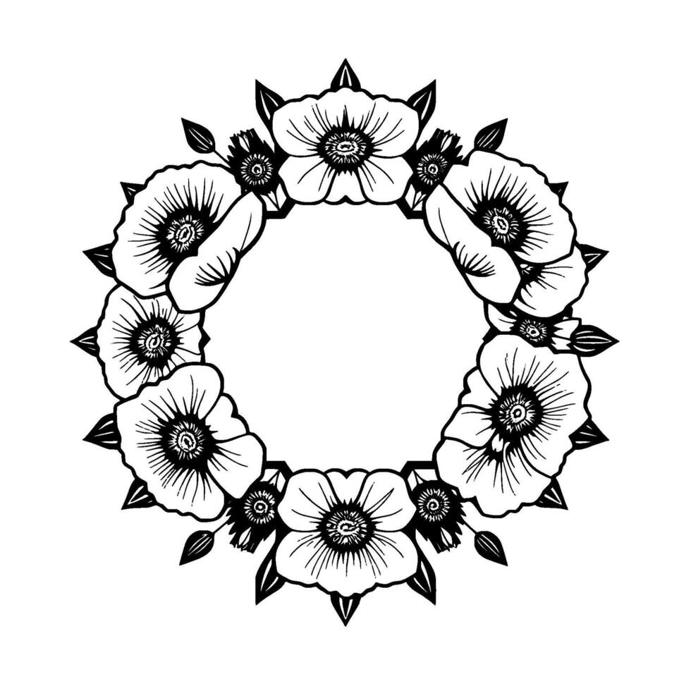Intricate Black and White Poppy Wreath, Floral Circle with Detailed Petals and Leafy Accents, Isolated on White vector