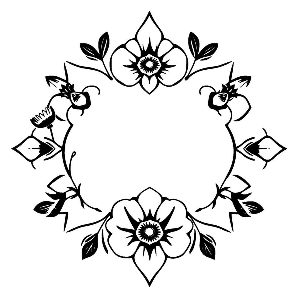 Elegant Black and White Floral Wreath with Large Open Flowers and Detailed Leafy Elements, Isolated on White. vector