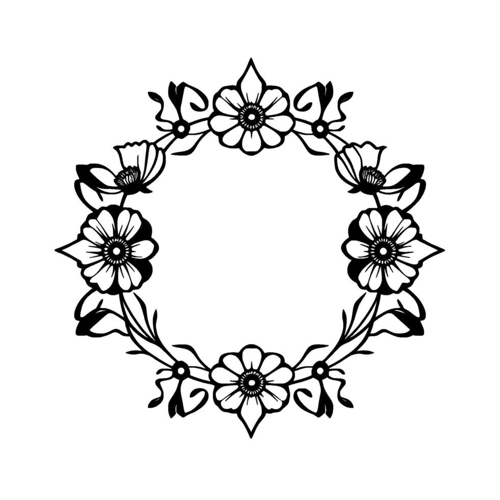 Intricate black and white floral wreath illustration, stylized flowers, leaves, and ribbons arranged in a circular pattern, elegant and symmetrical. vector