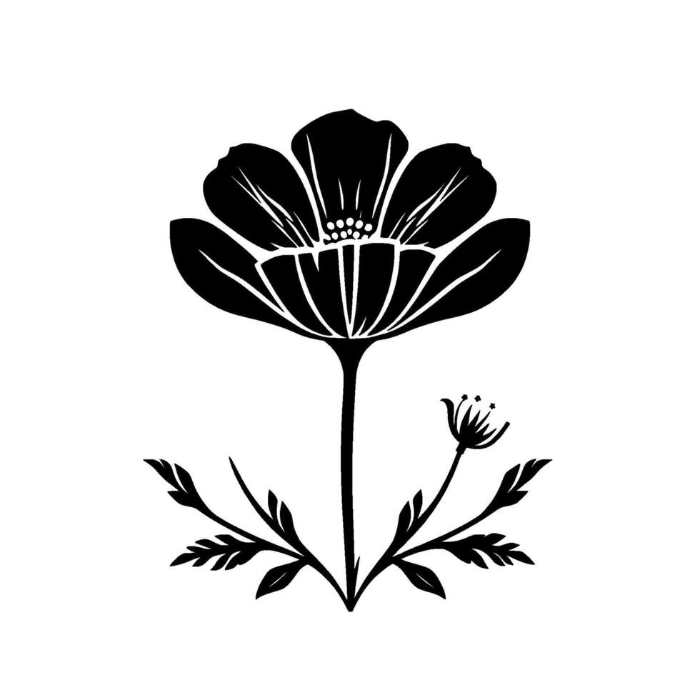 Bold Black and White Floral Silhouette A Stylized Illustration of a Large Poppy with Delicate Leafy Accents and a Small Seed Head. vector