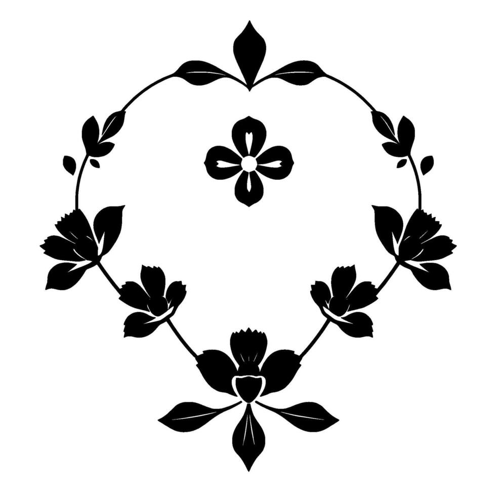 Elegant Black Floral Symmetrical Silhouette of Blooming Flowers and Leaves Arranged in an Oval Shape, Isolated on White. vector