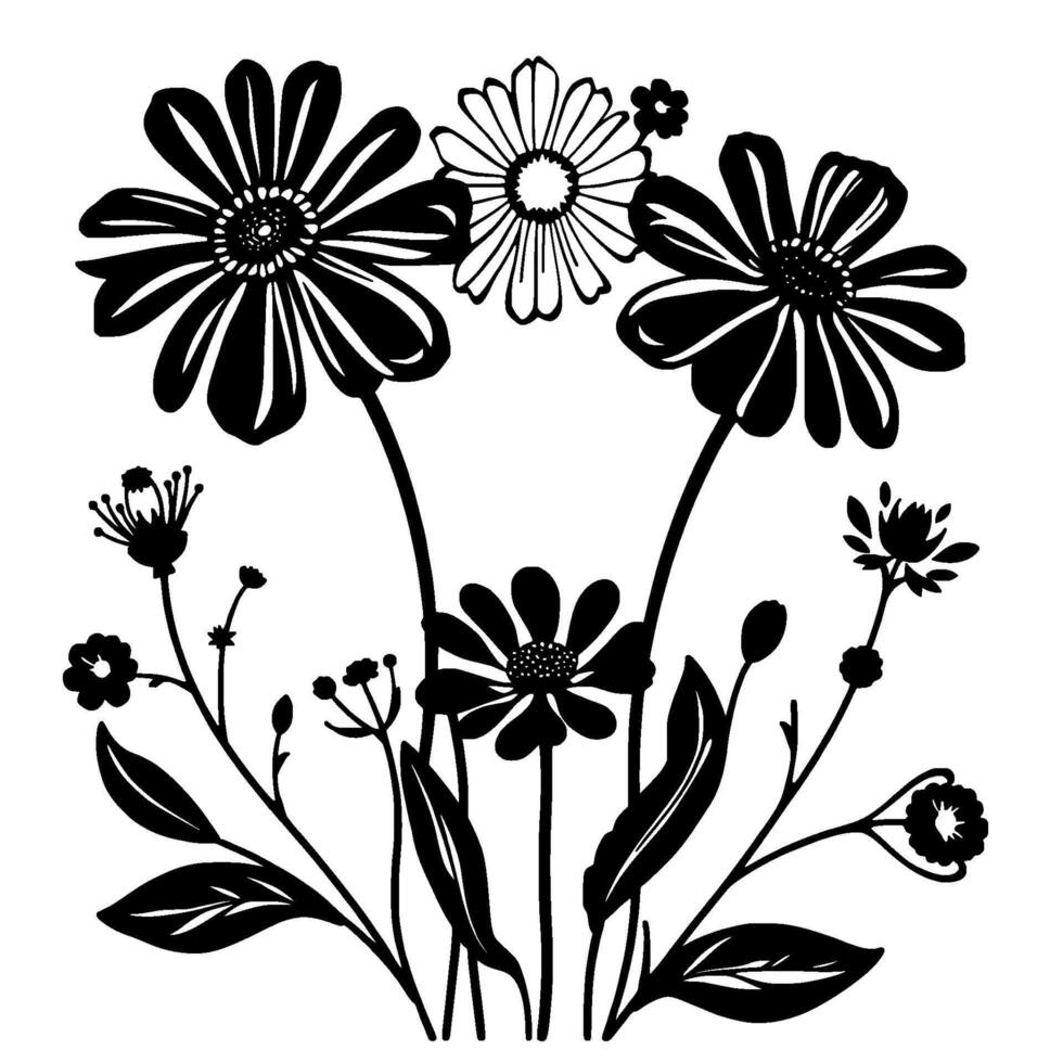 Elegant Black and White Floral Illustration Daisies, Wildflowers, Leaves and Buds in a Minimalist Garden . vector