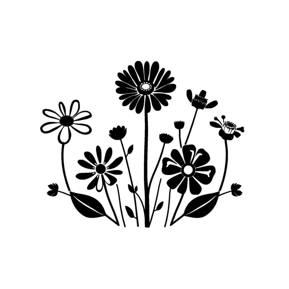 A stylized, black and white floral arrangement, featuring various types of flowers with minimalist , isolated against a stark white background. vector