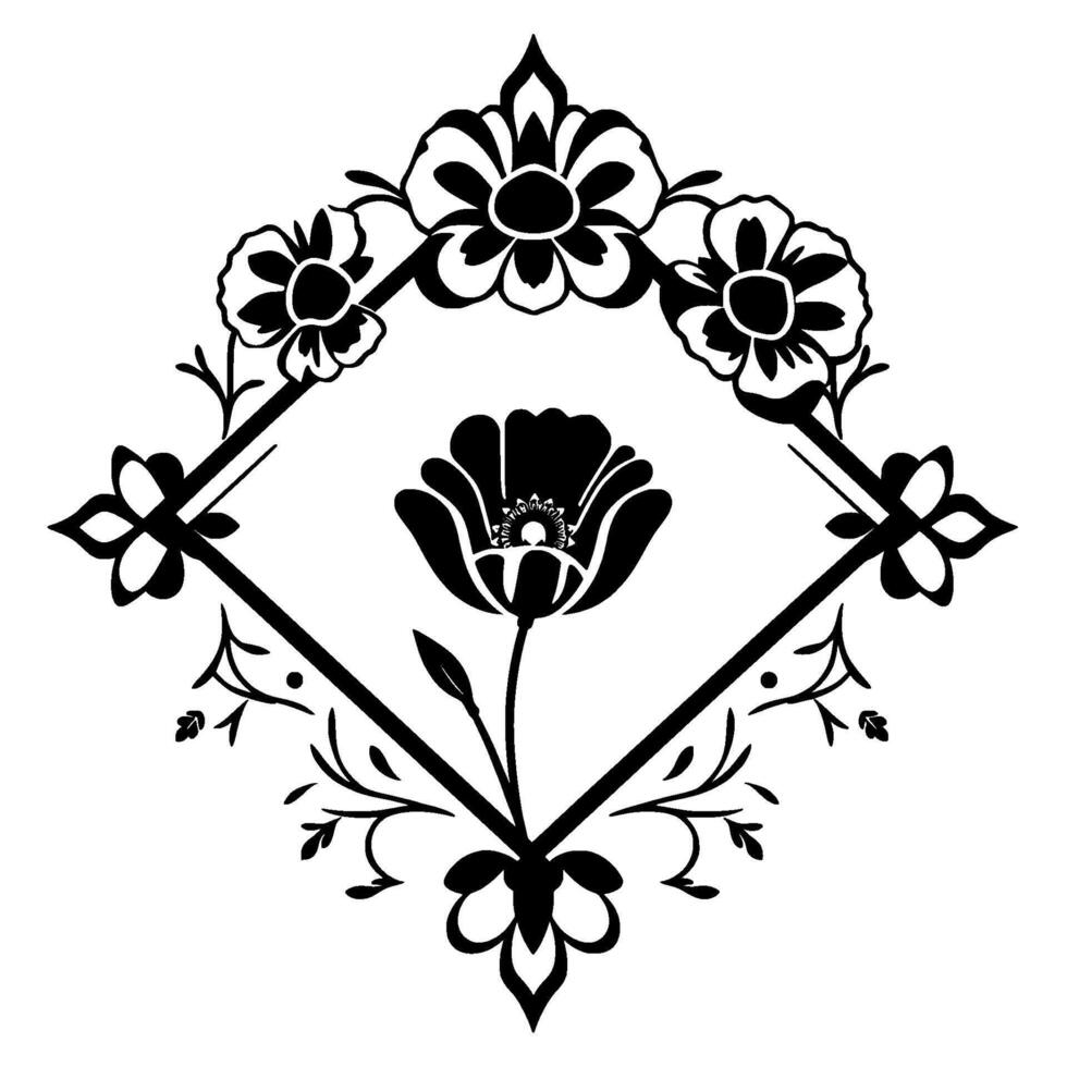Ornate Black and White Floral Poppy and Blooms Enclosed in a Diamond Frame with Intricate Decorative Elements. vector