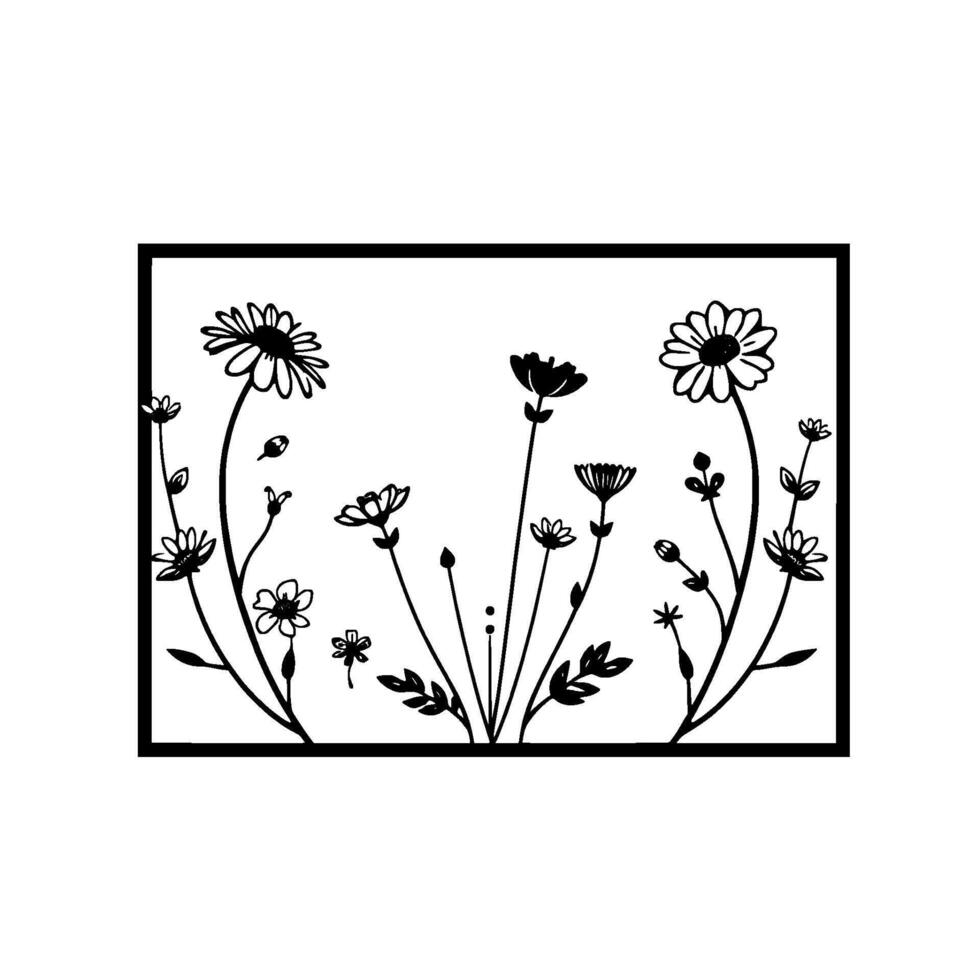 Black and white stylized botanical illustration within a rectangle, featuring diverse flowers and foliage, conveying simplicity. vector
