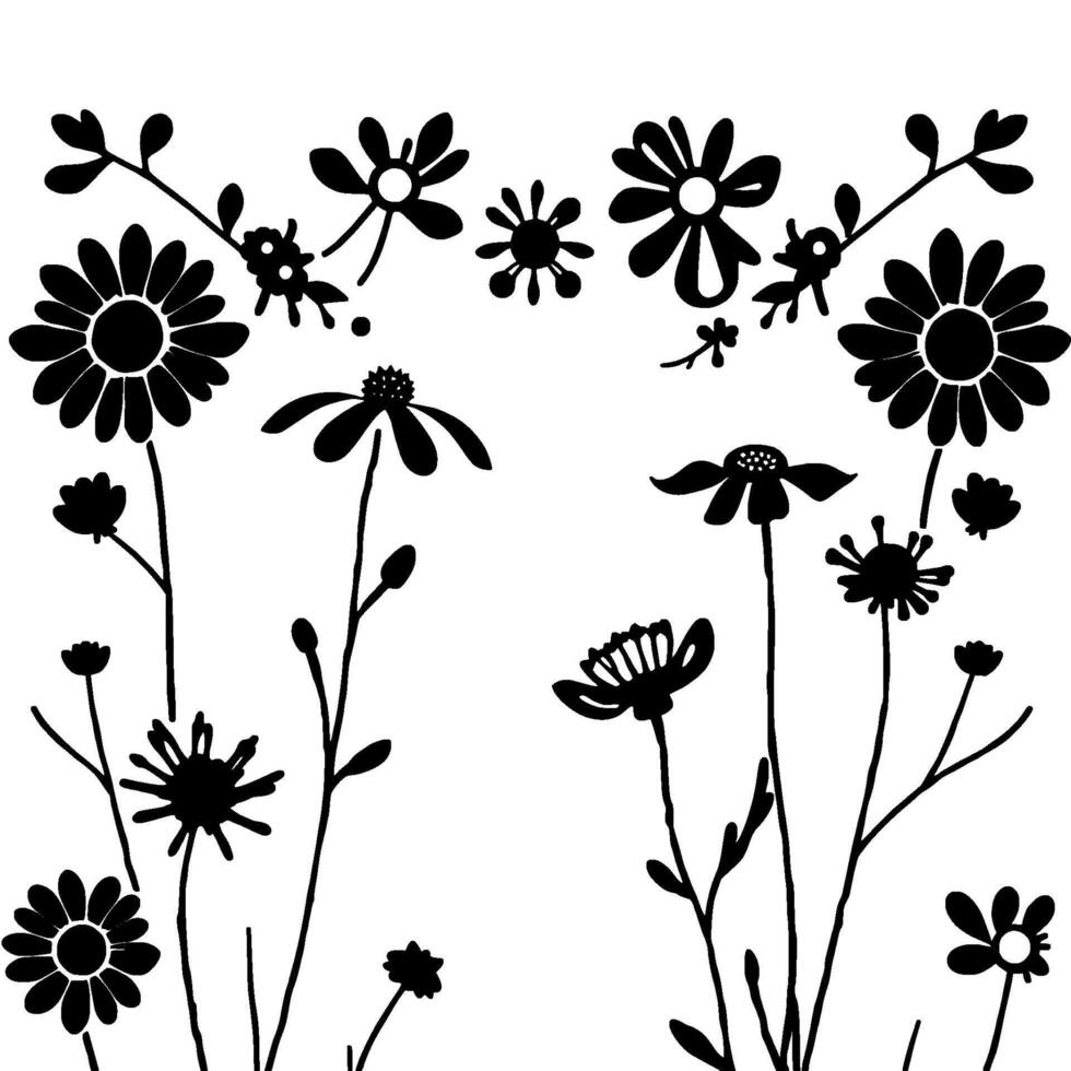 Stylized Black and White Floral Pattern featuring a variety of simplified daisy, petal, and spiky blossoms with stems and leaves, on a white background. vector