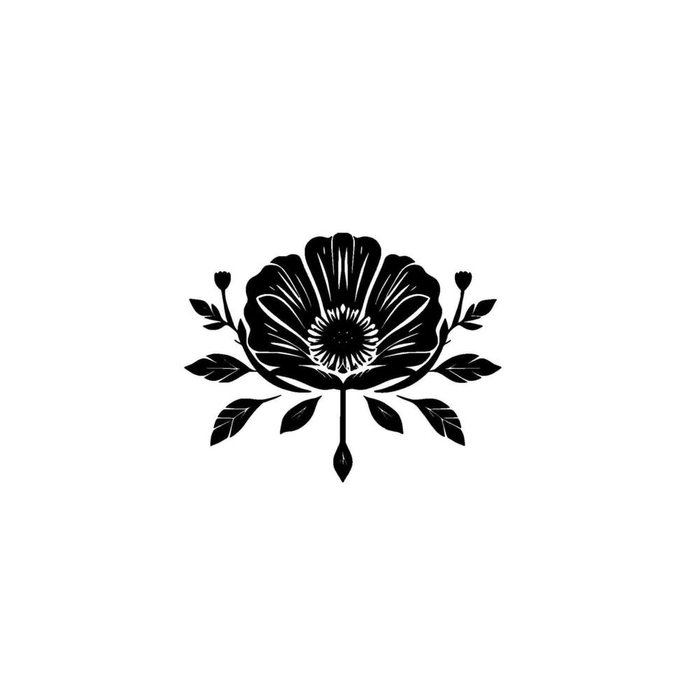 Elegant Black and White Floral Illustration Depicting Symmetrical Poppy with Leaves and Bud Accents vector