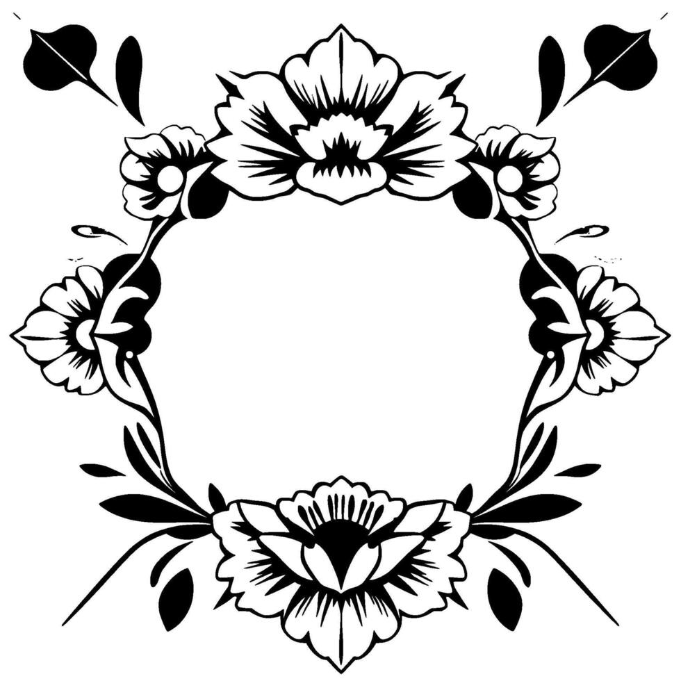 Intricate Floral Wreath Monochrome illustration of a symmetrical, opencentered botanical featuring stylized flowers, leaves, and decorative flourishes. vector
