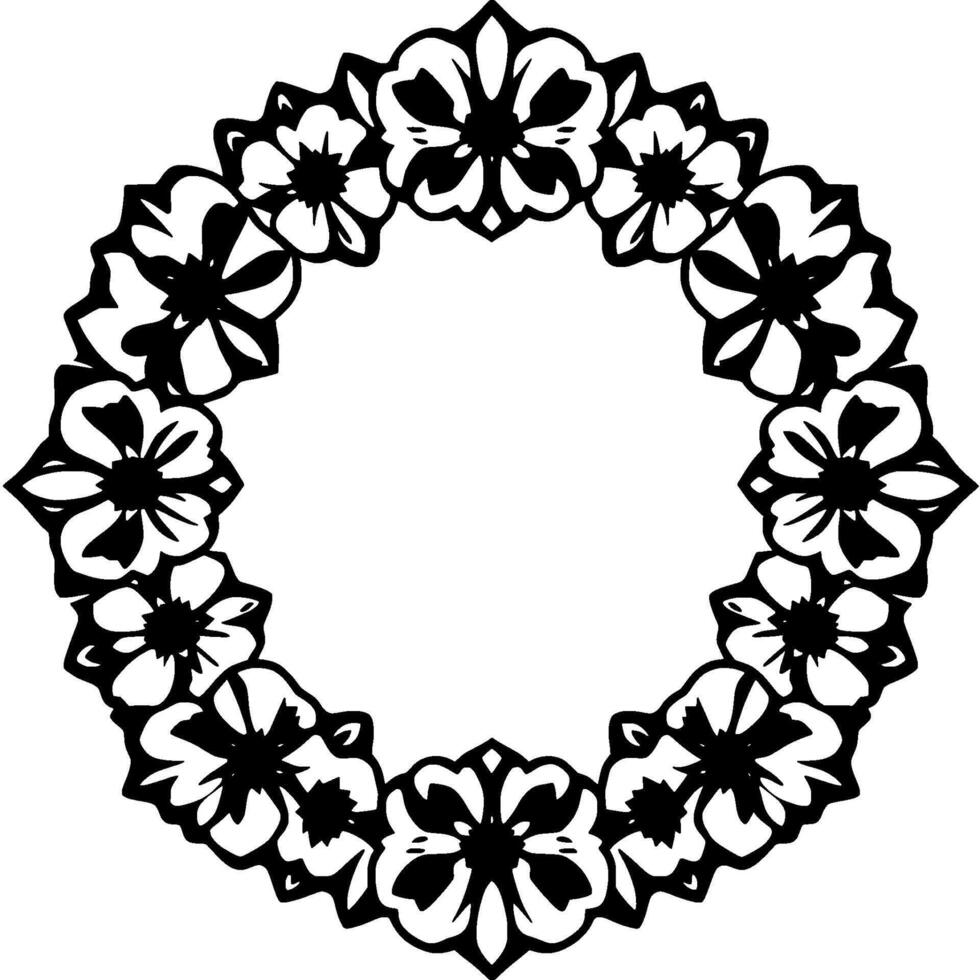 Black and White Floral Wreath, Detailed Silhouette, Circular Frame, Decorative , Isolated on White. vector