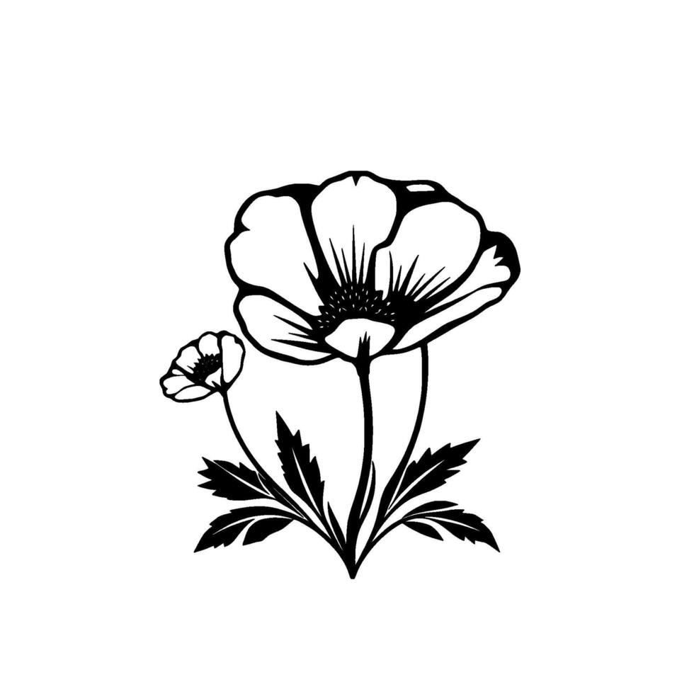 Simplified illustration of a poppy flower and bud, with detailed petals and leaves, arranged in a minimalist, highcontrast black and white . vector