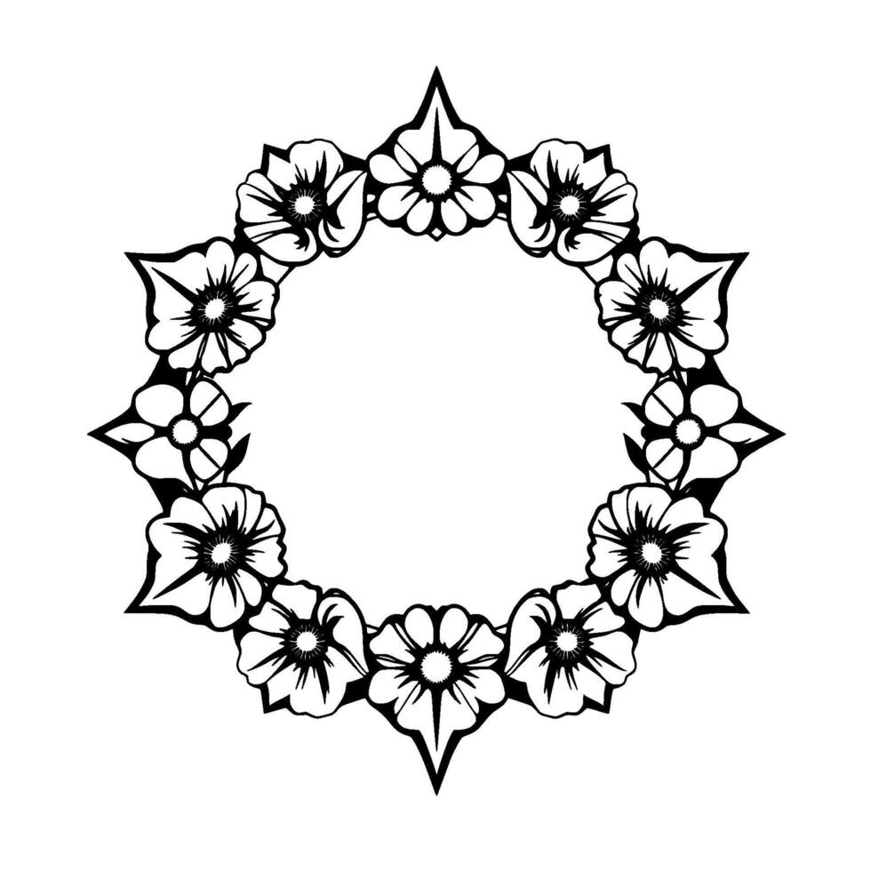 Intricate black and white floral wreath , featuring detailed petals, central stamen patterns, framed in pointed stylized leaf shapes, on a white background. vector