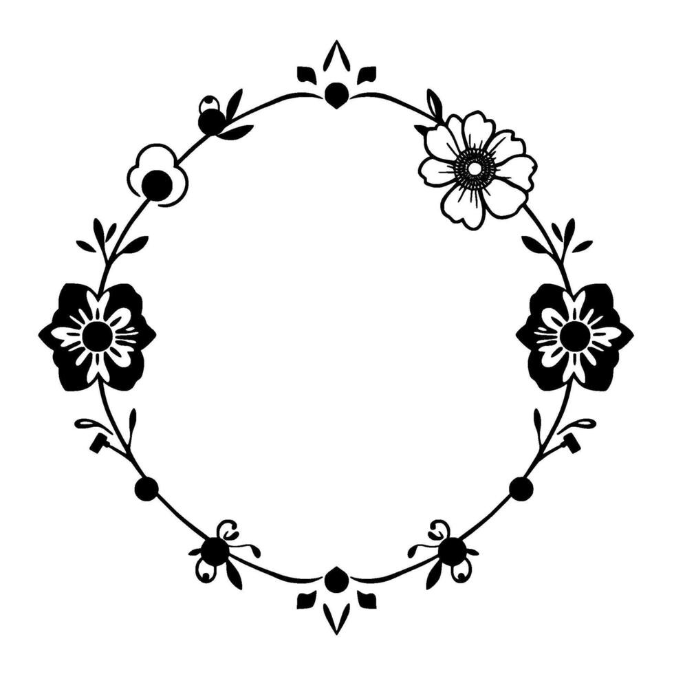 Elegant Black and White Floral Wreath, Circular with Detailed Flower Silhouettes, Embellished with Leaves and Delicate Embellishments, Simple. vector