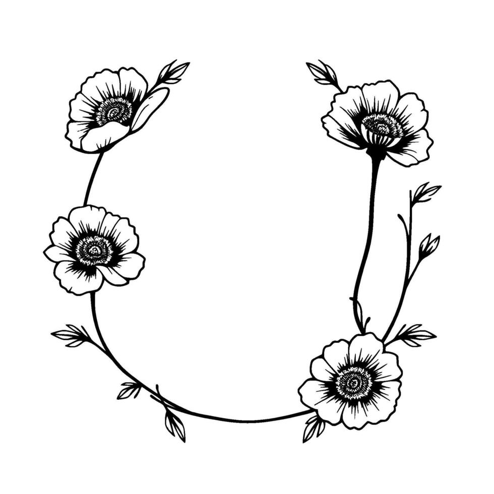 Elegant Black and White Floral Wreath Featuring Four Poppylike Blossoms, Delicate Stems, and Minimalist Leaf Accents, on White. vector