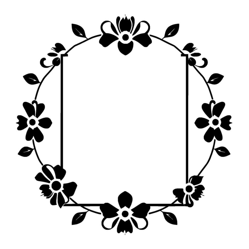 Elegant Black and White Floral Frame with Square Center, Decorative Border of Blossoms and Leaves. vector